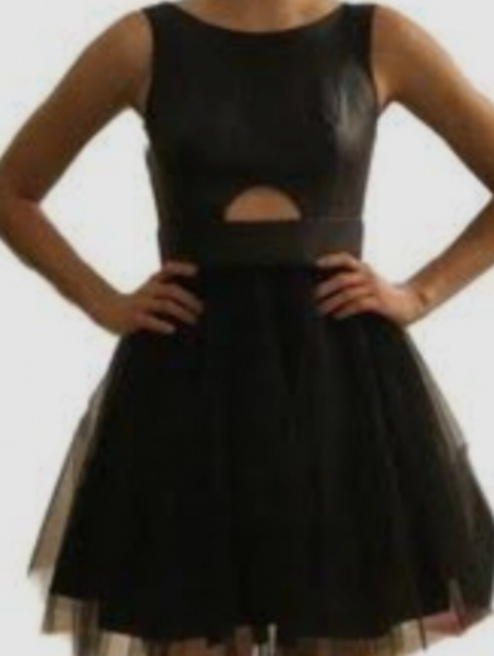 NWT BCBGeneration Black Faux Leather Dress With Tulle Skirt And Cut Out